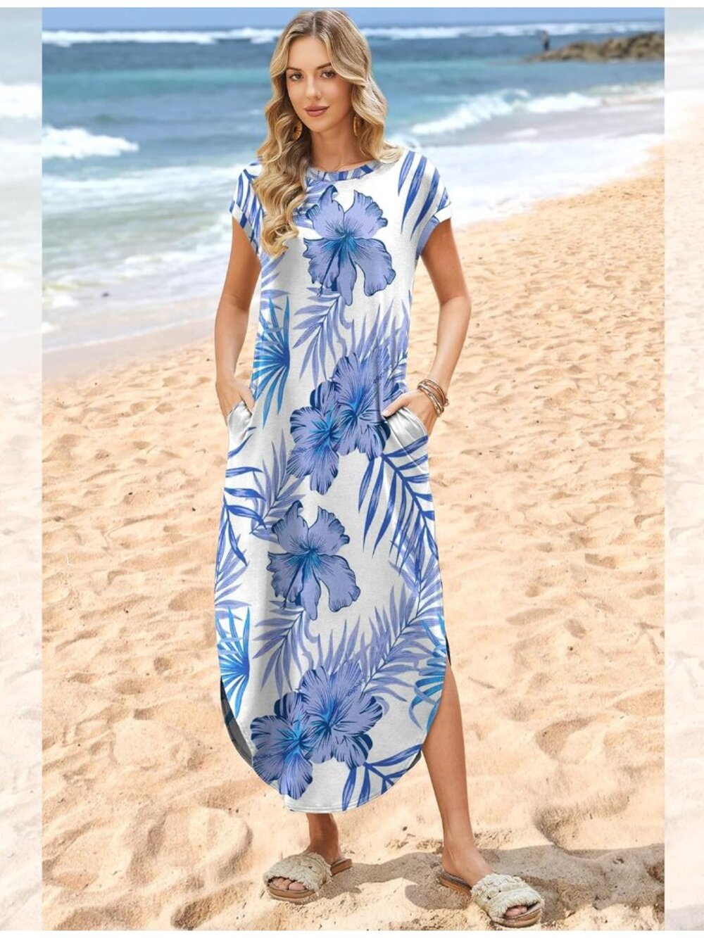 Women's Floral Blue Leaf Summer Cap Sleeve Crewneck Beach Maxi Dress with Pocket - Picture 3 of 5
